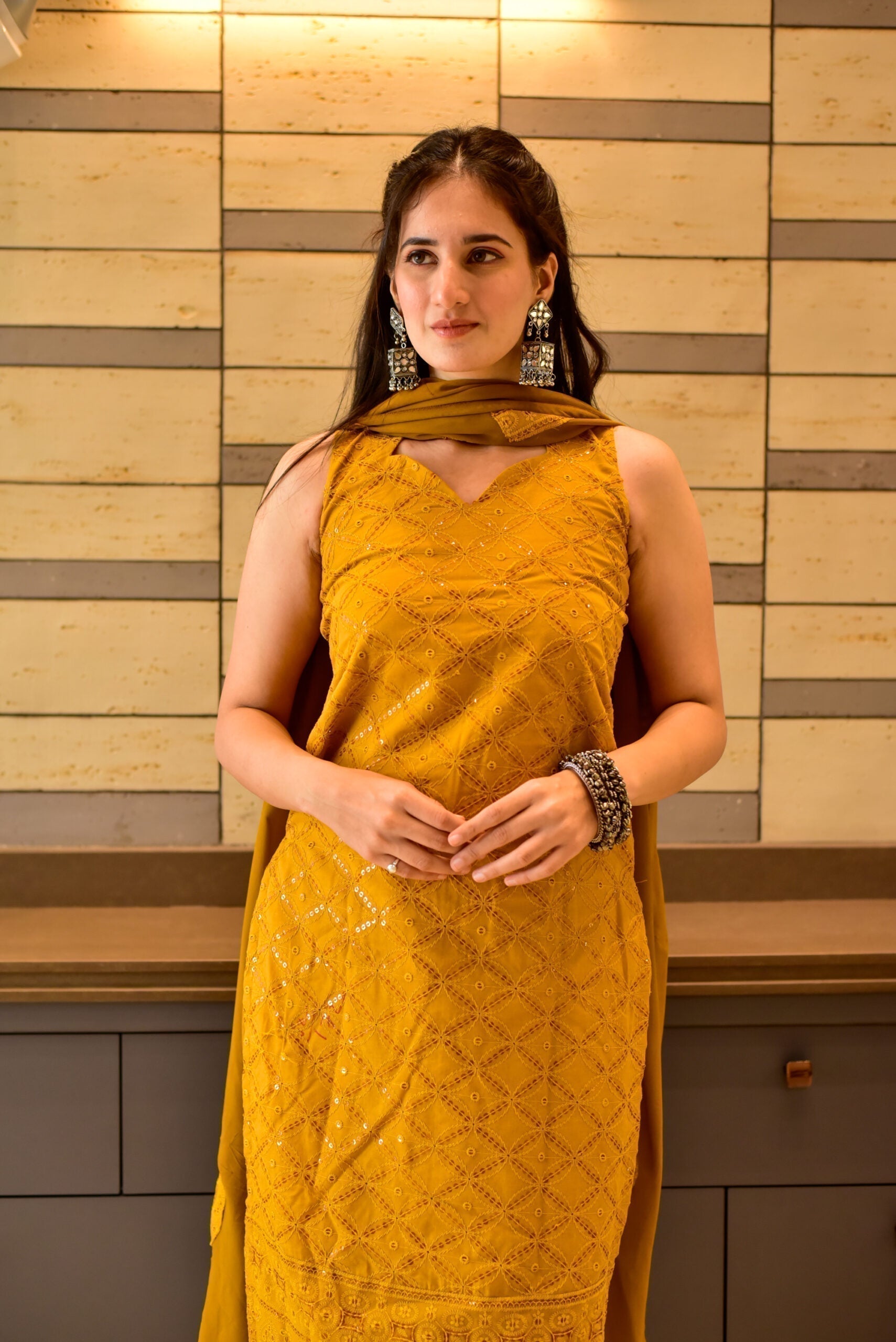 mustard chikankari kurta set