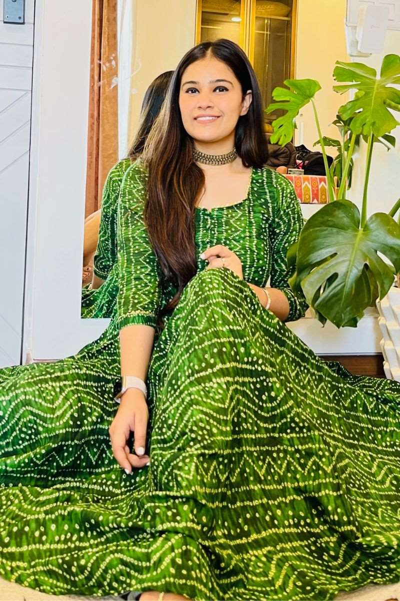 GREEN BANDHANI TWIRL MAXI DRESS