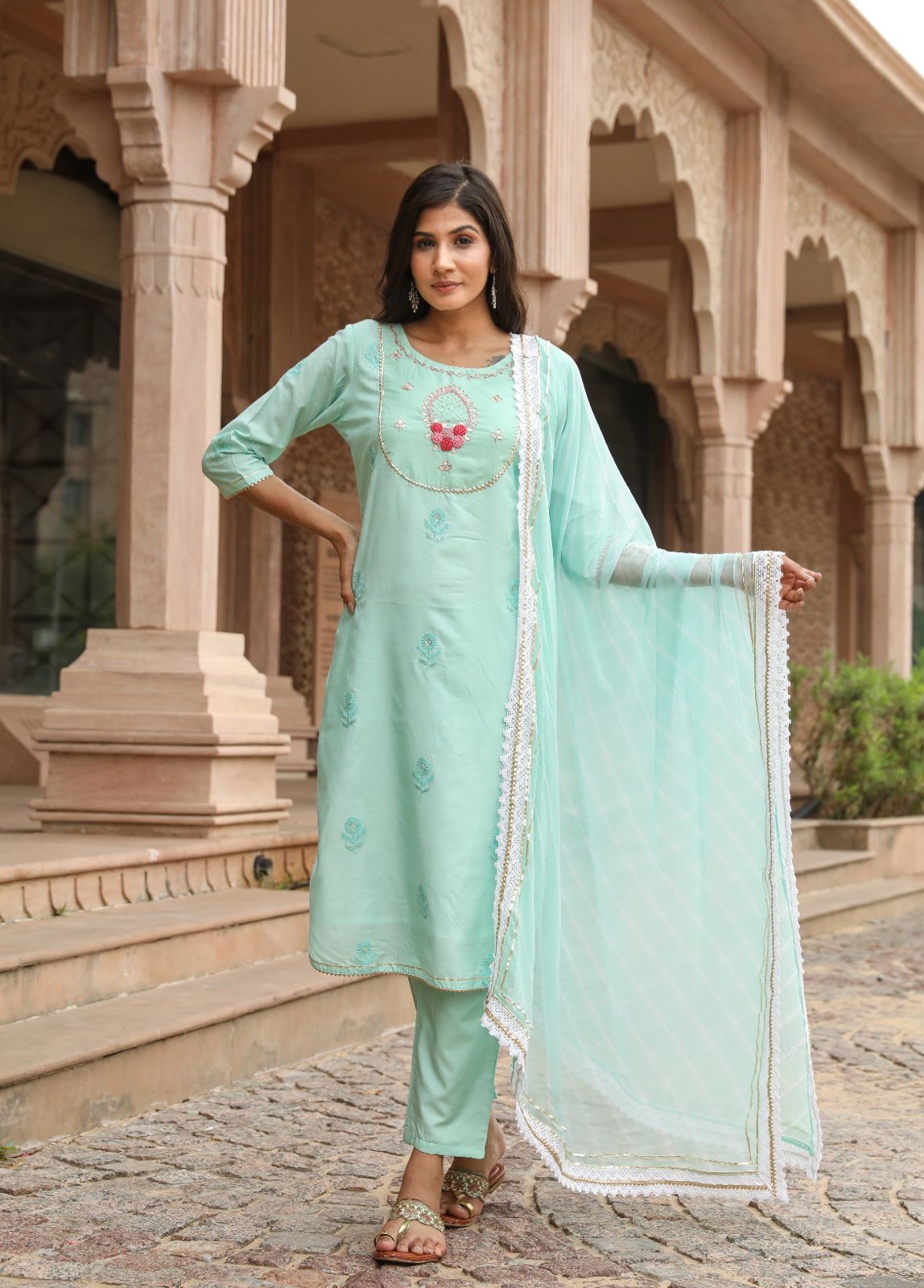 Luxurious Pastel Turquoise Festive suit set (3 Piece)