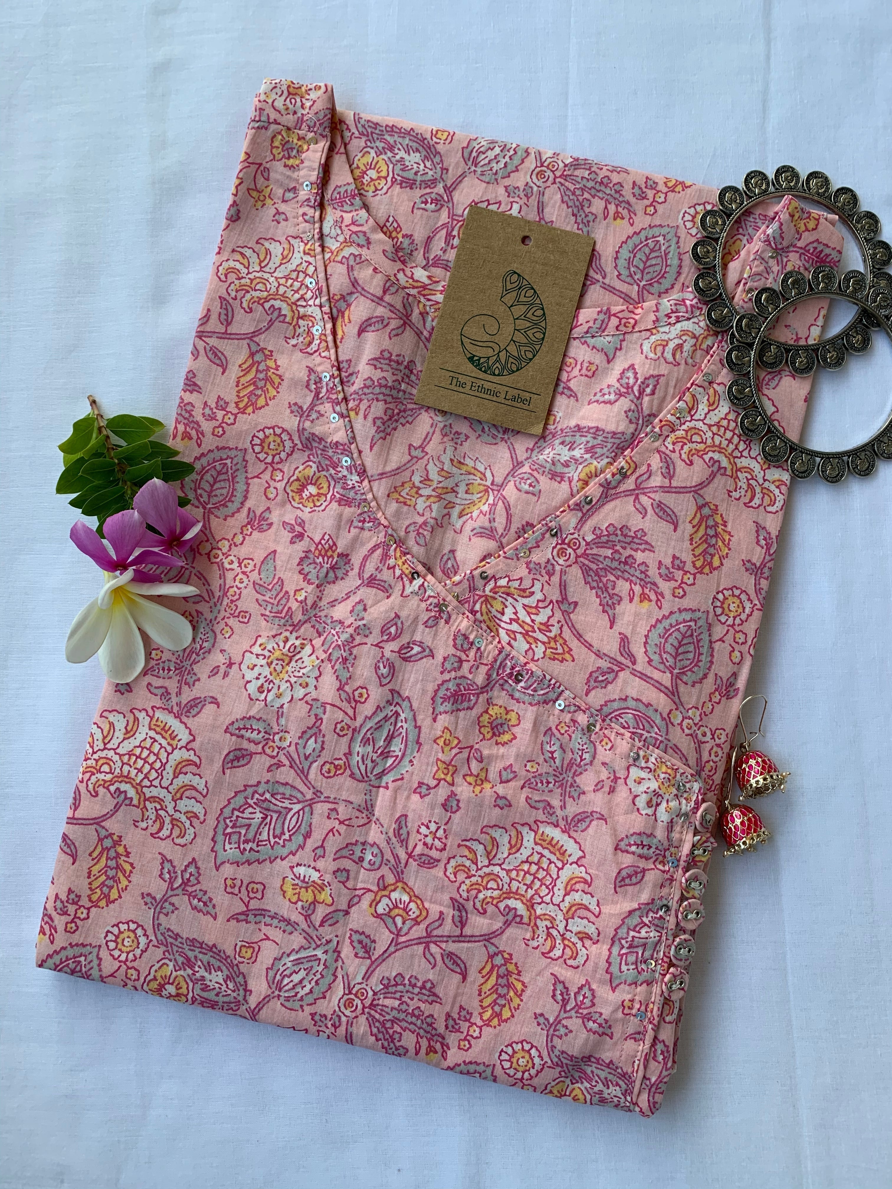 Hand Block Printed "Dahlia" Angrakha Cotton Kurta