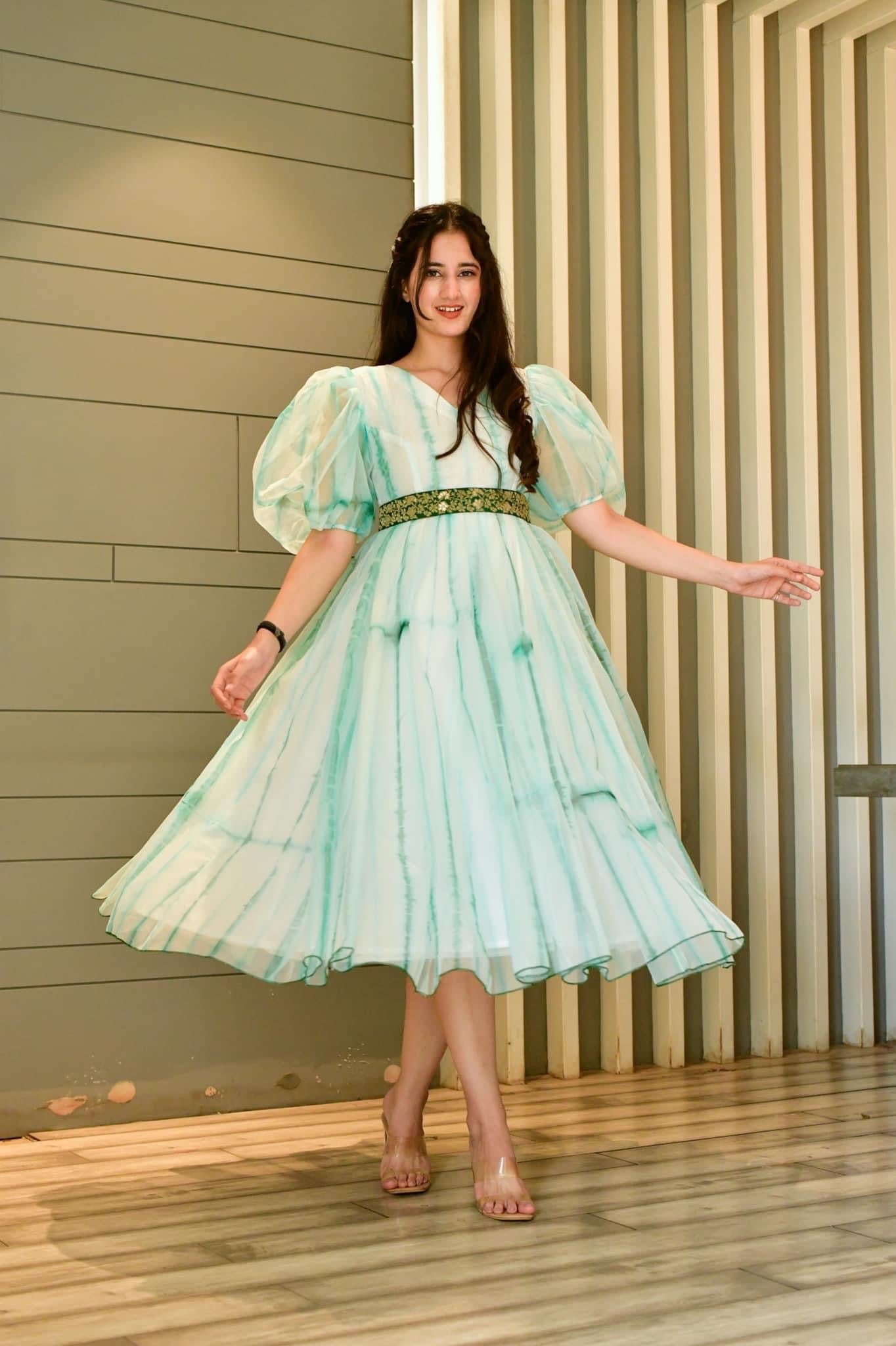 Green shibori organza dress