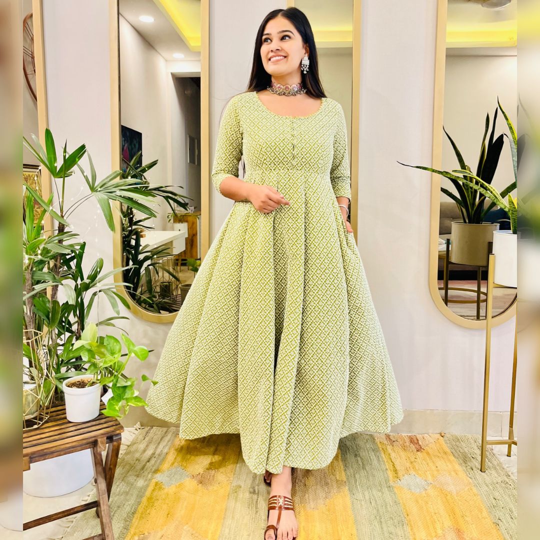GREEN EMBROIDERED ANARKALI MAXI DRESS