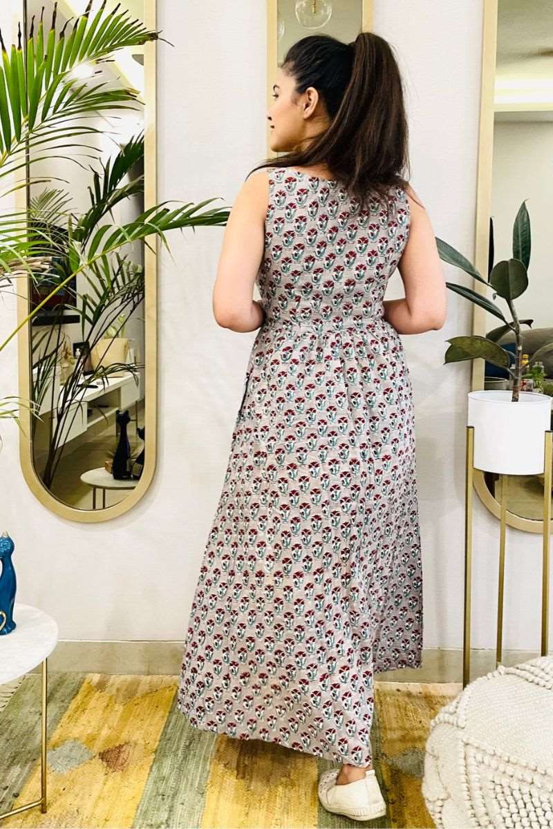 GREY HAND BLOCK PRINT MAXI DRESS
