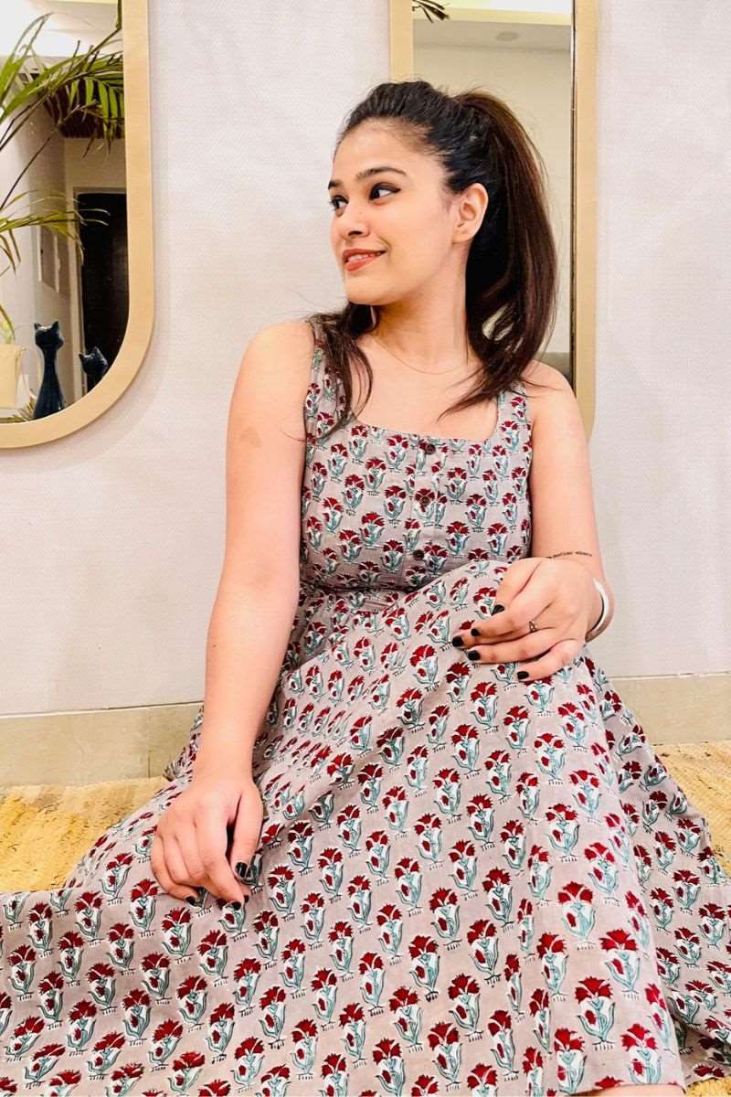 GREY HAND BLOCK PRINT MAXI DRESS