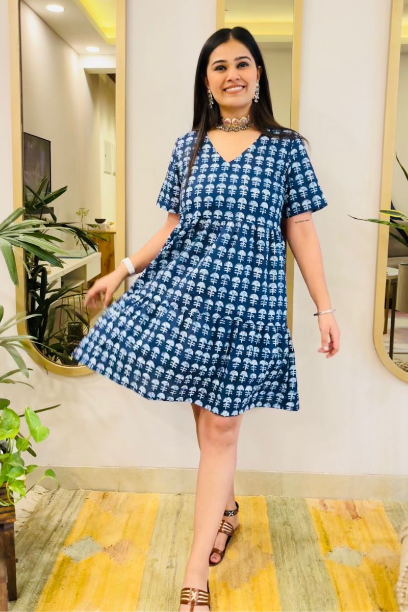 INDIGO BLOCK PRINT FLARED DRESS