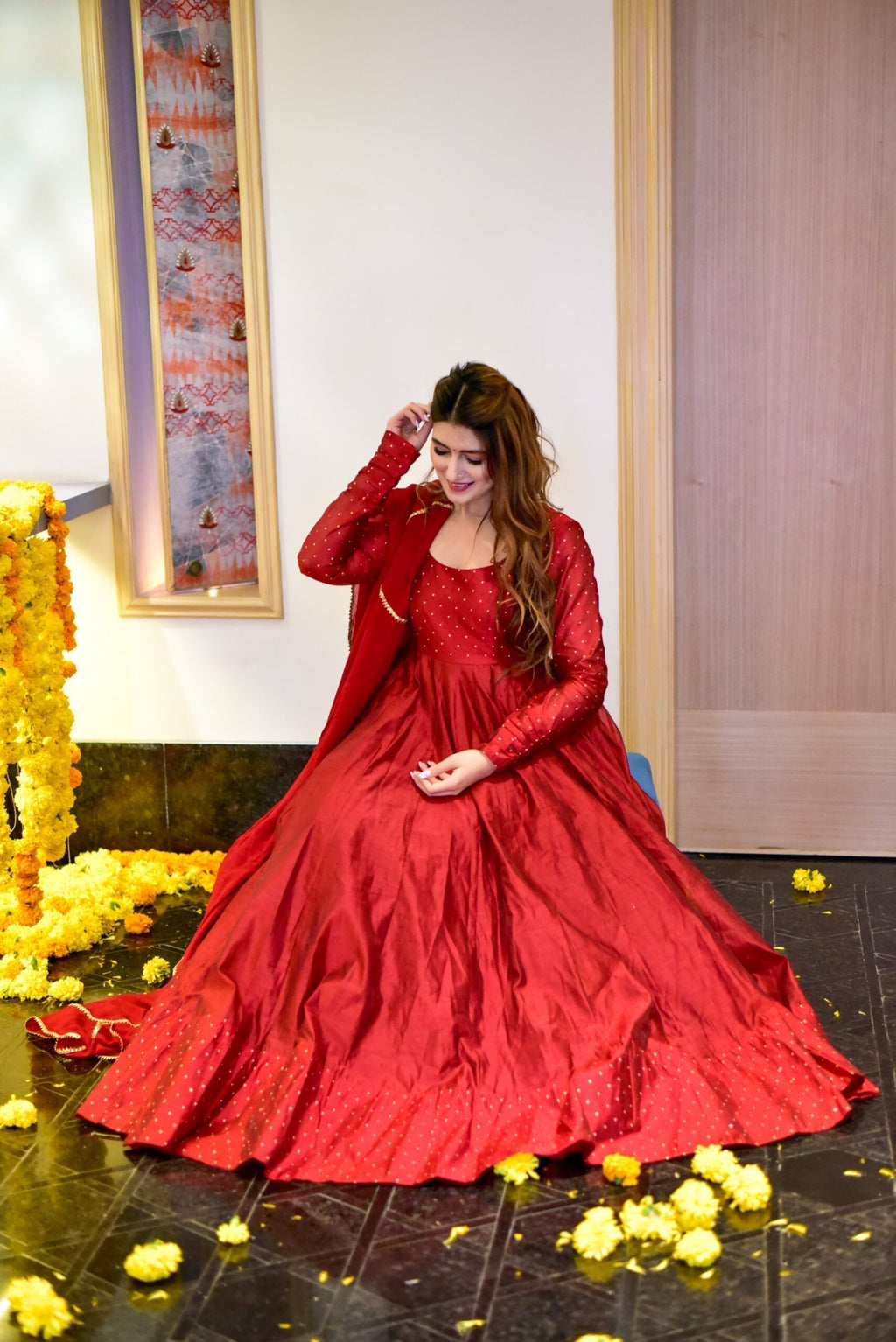 maroon mazarine chanderi maxi set