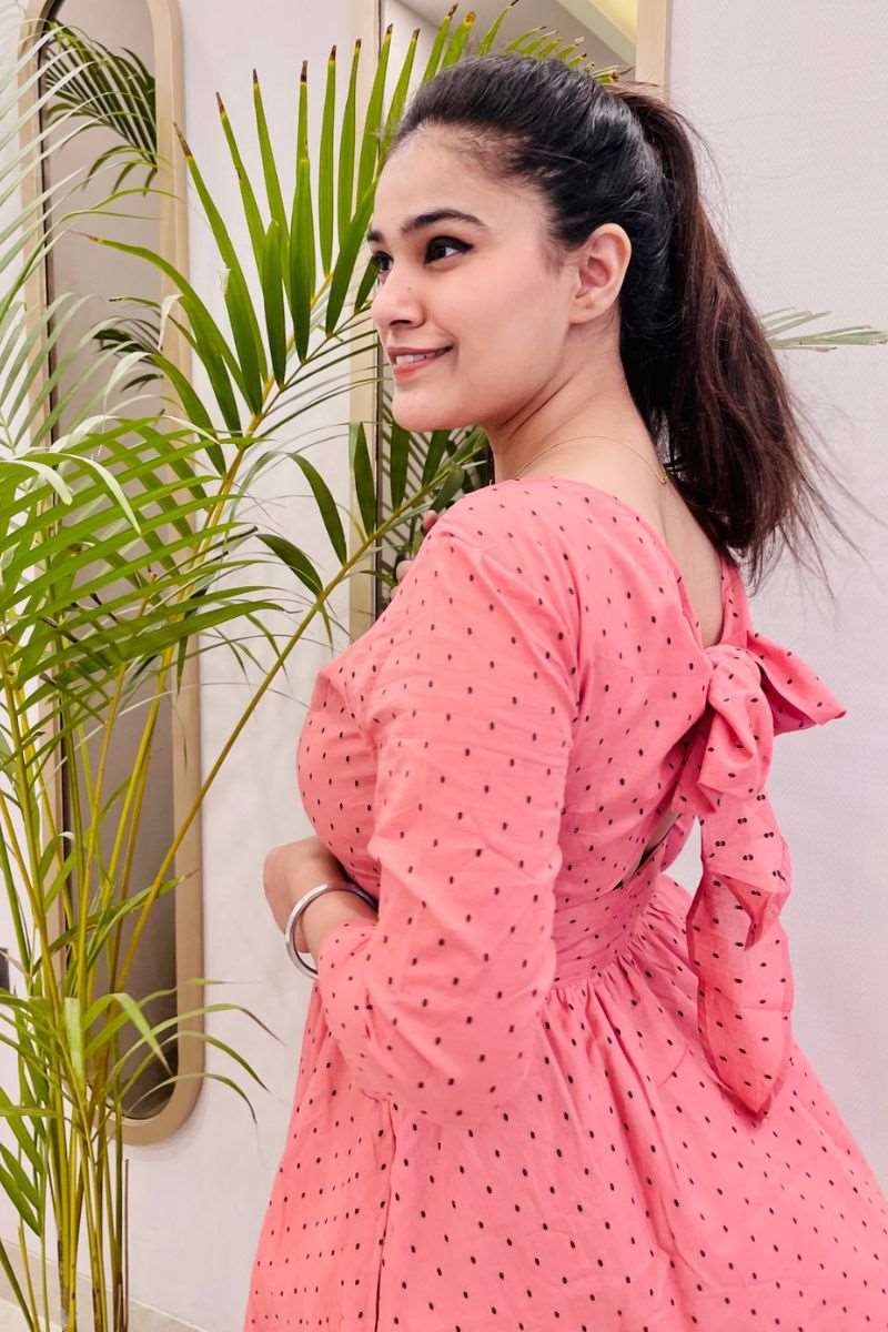 DAINTY EMBROIDERED BOW-BACK FLARED DRESS