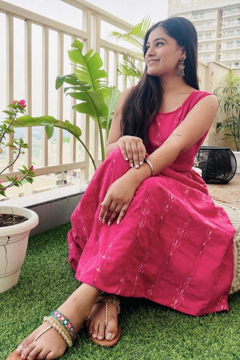 FUSCHIA IKAT BOW BACK FLARED DRESS