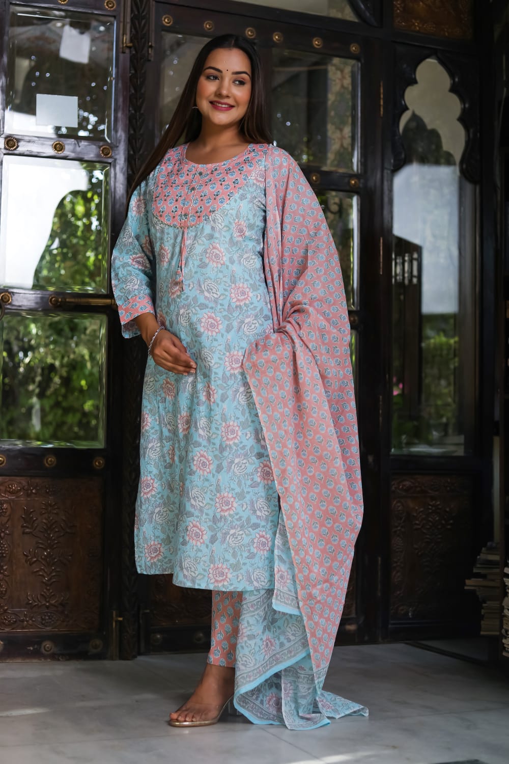 Floral  Breathable Soft Sky Relaxing Fit Cotton Suit (3 piece)