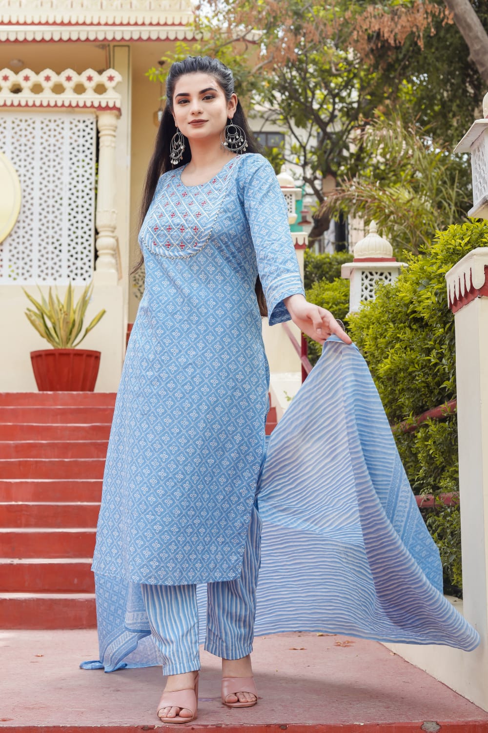 Powder Blue Breathable Relaxing Fit Cotton Suit (3 piece)