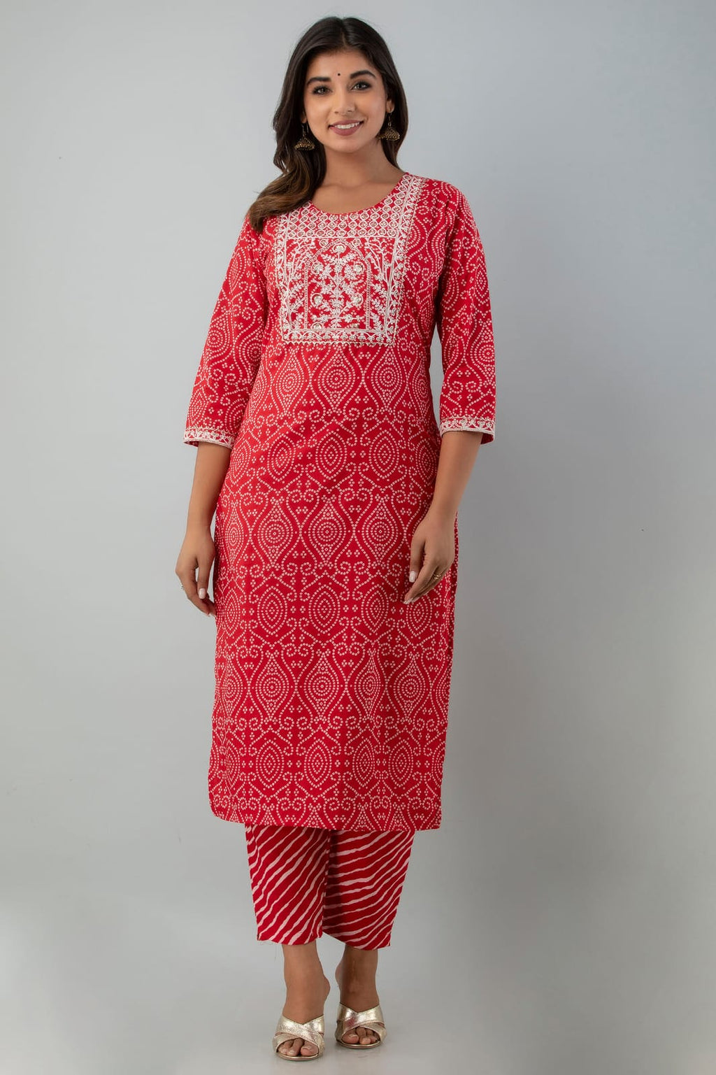 Ethnic Red Bandhej Leheriya Breathable Relaxing Fit Cotton Suit (3 piece)