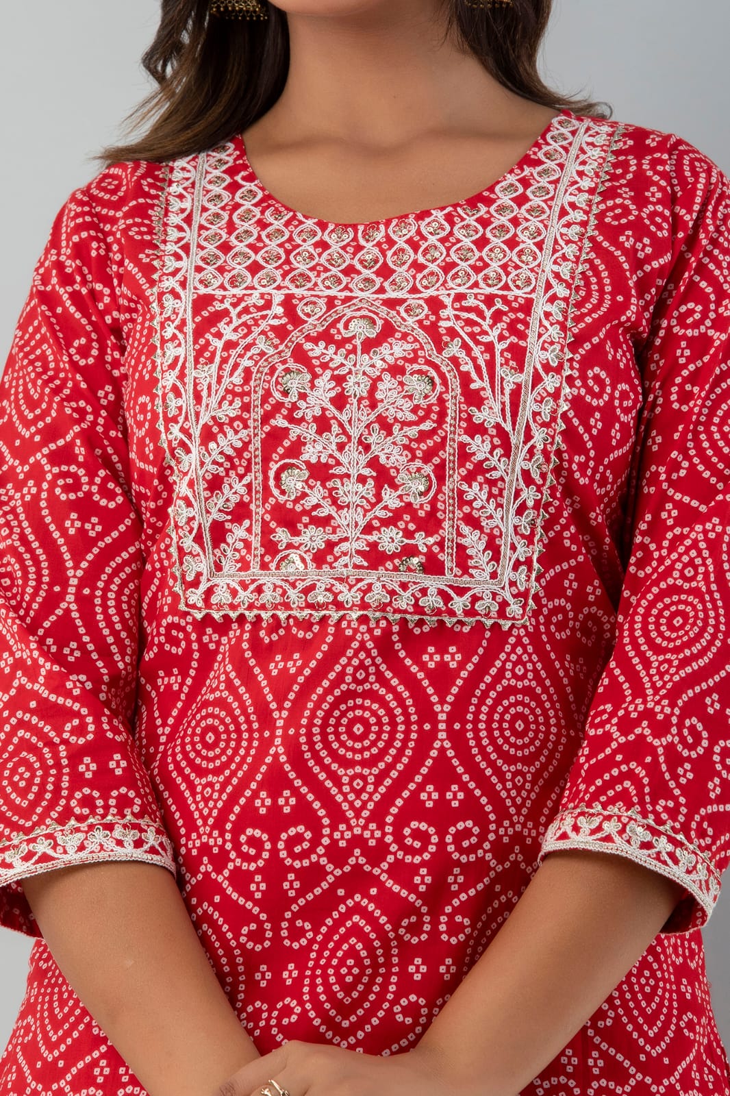 Ethnic Red Bandhej Leheriya Breathable Relaxing Fit Cotton Suit (3 piece)