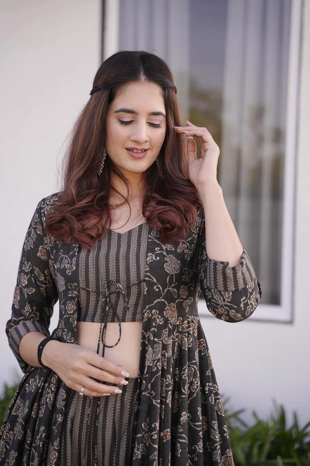 grey croptop palazzo with floral shrug set