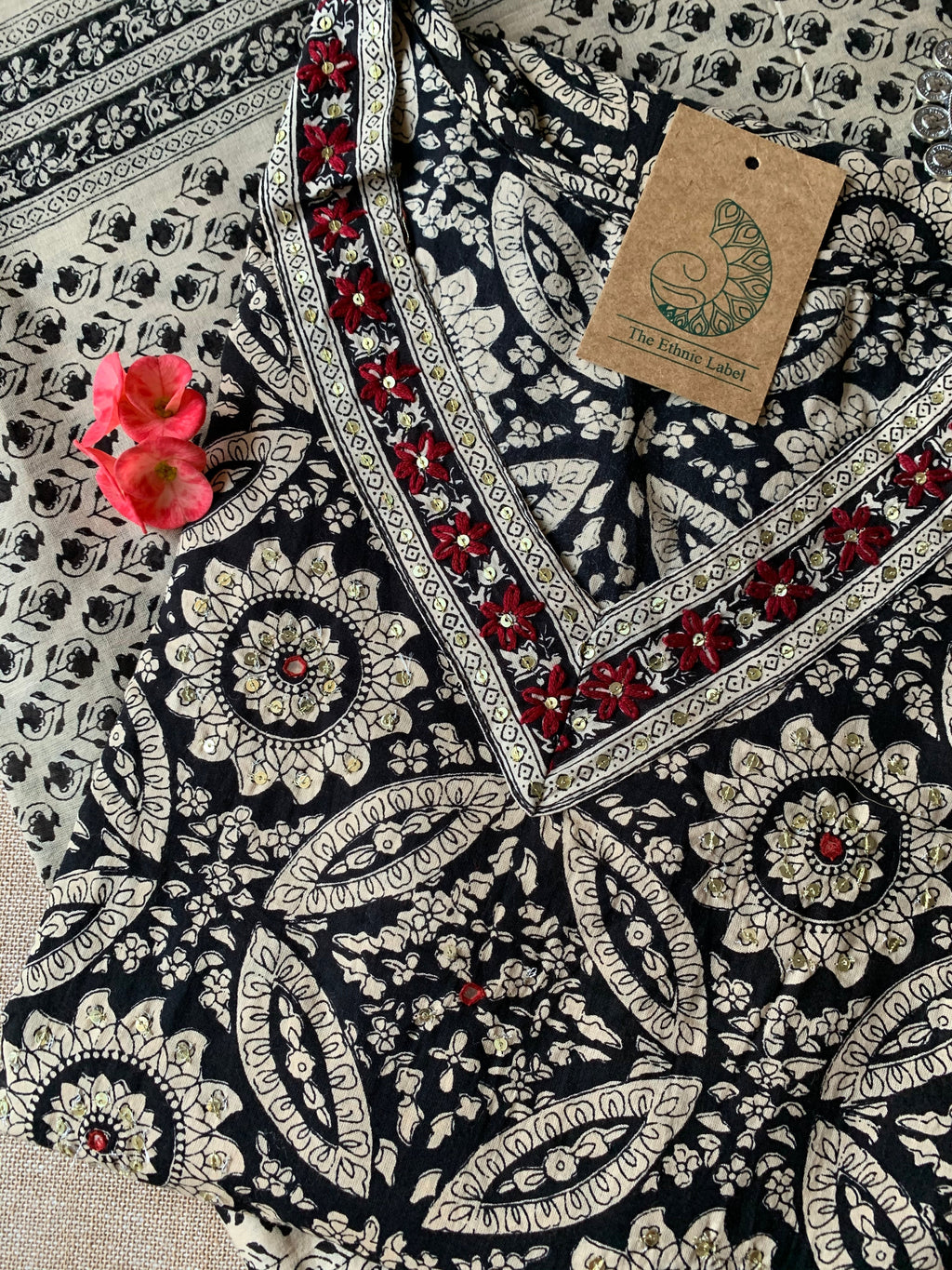 Hand Embroidered Black Ajrakh Afghan Pant Kurta Set with Dupatta - 3 pc