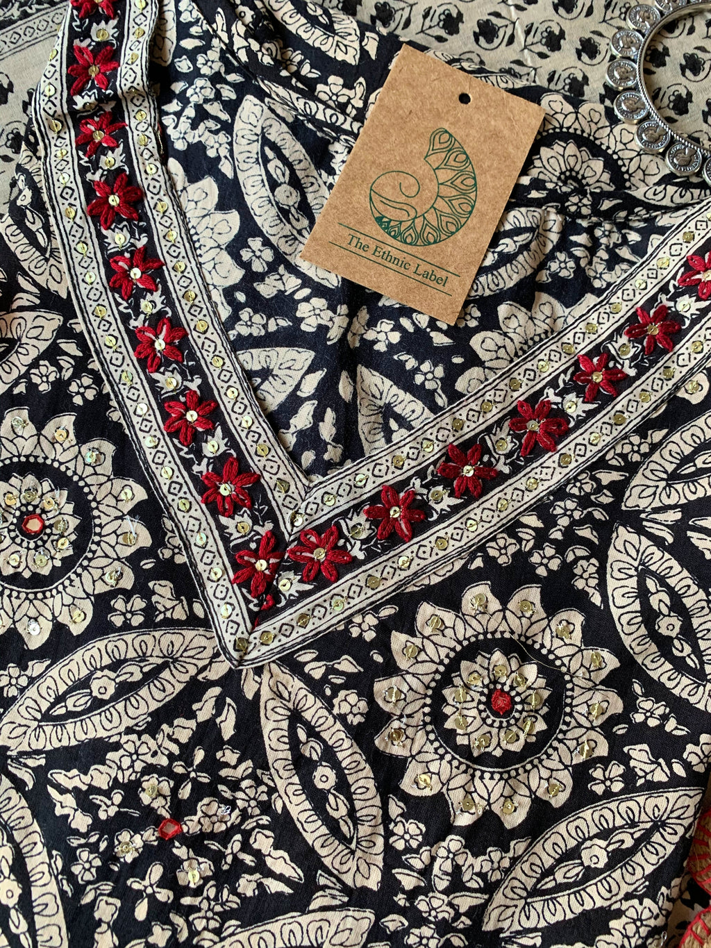 Hand Embroidered Black Ajrakh Afghan Pant Kurta Set with Dupatta - 3 pc