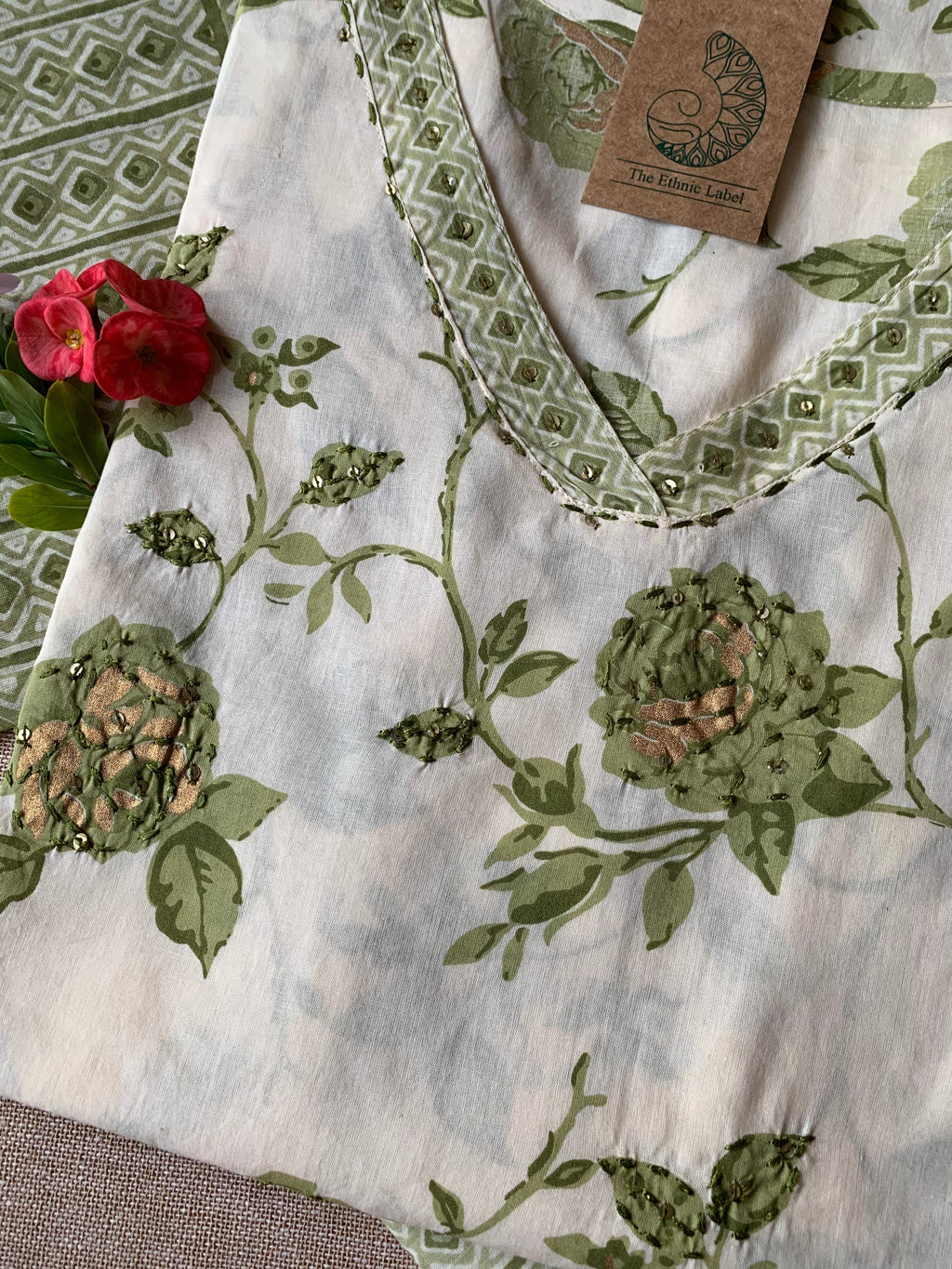 Cream Mehendi "Gold" Cotton Kurta Set with Dupatta - 3 pc