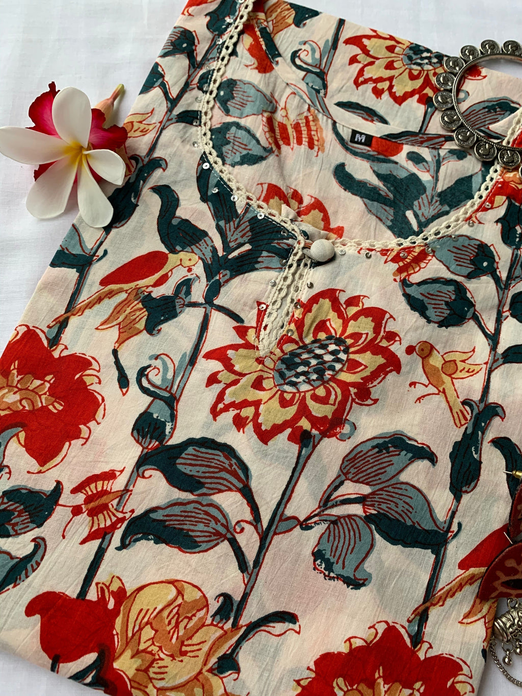 Cream Floral Bird Cotton Kurta