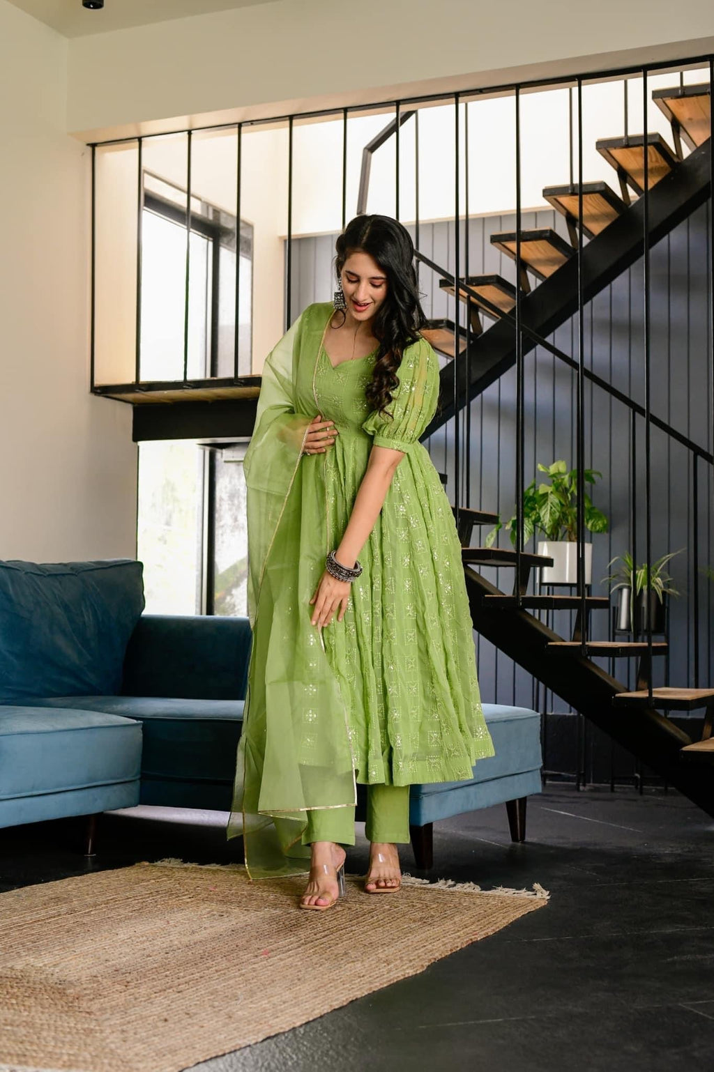 Falguni green georgette suit set