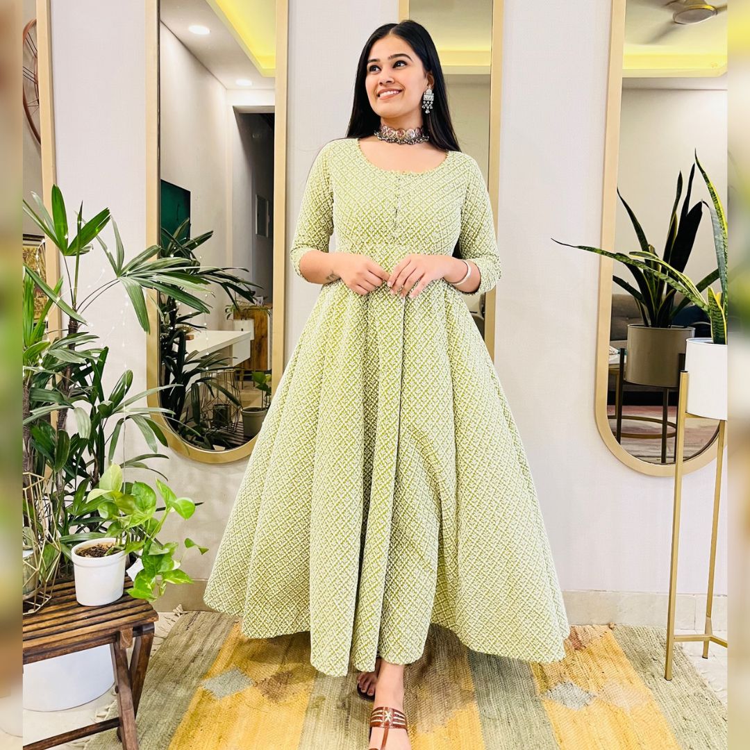 GREEN EMBROIDERED ANARKALI MAXI DRESS